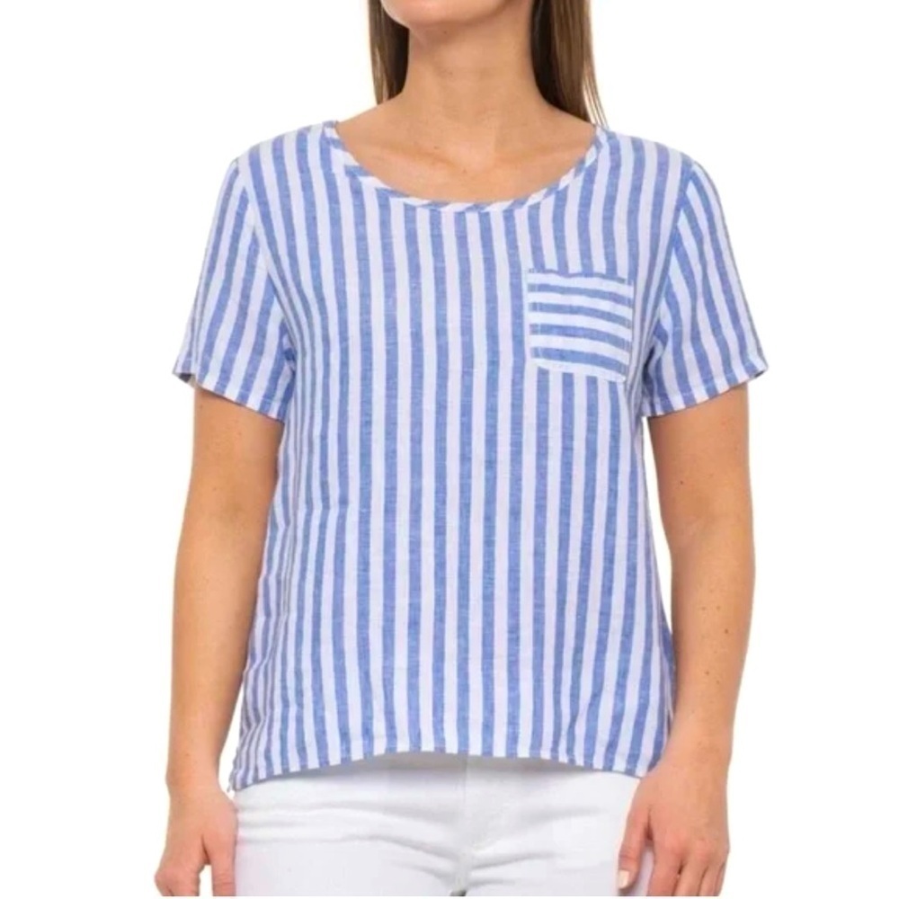 Christian Siriano Women’s M 100% Linen Striped Blue/White Short Sleeves Top